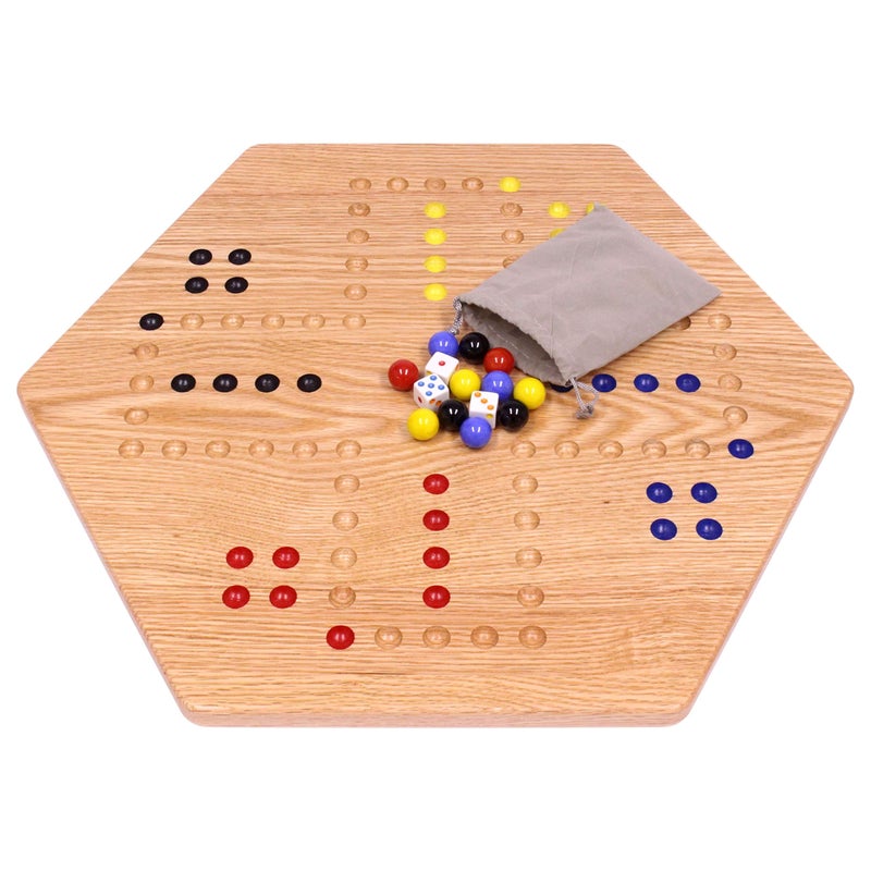 AmishToyBox.com Wahoo Marble Game Board Set - 20" Wide - Solid Oak Wood - Double-Sided - with Large 18mm Marbles and Dice Included - Image 4